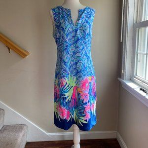 Sleeveless blue Lilly Pulitzer v-neck dress with pink toucans